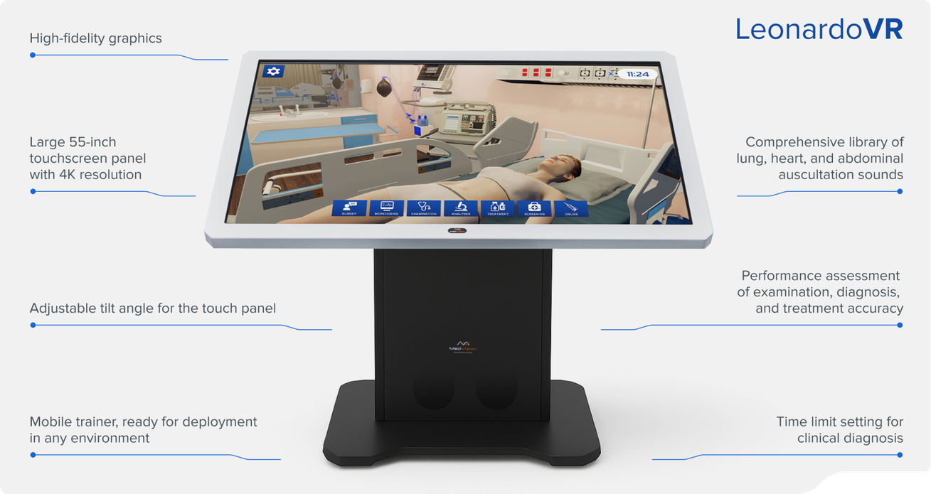 LeonardoVR interactive clinical reasoning training system with 55-inch touchscreen
