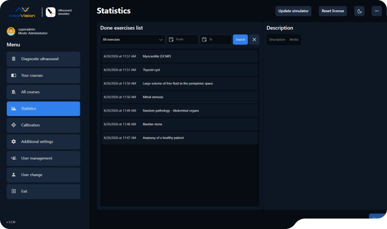 SonoVision simulator software interface